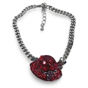 Red Rhinestone Sun Hat Pendant Silver Tone Curb Chain Statement Bracelet 9"